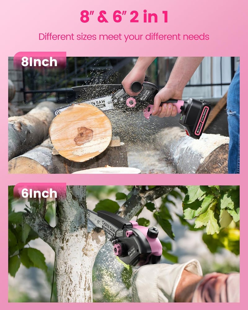 DocSmart Mini Chainsaw Cordless, 8 inch & 6 inch Electric Chain Saw with 2 Pack Rechargeable Batteries, Battery Powered Handheld Saw Men Gifts for Trees Branches Trimming Wood Cutting, Pink - Image 5